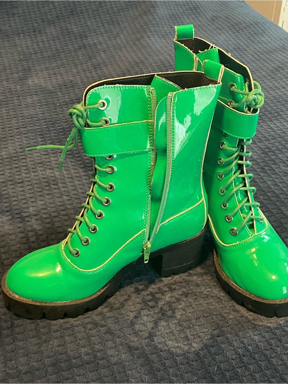 Allegra K Patent Green Lace-Up Combat Boots